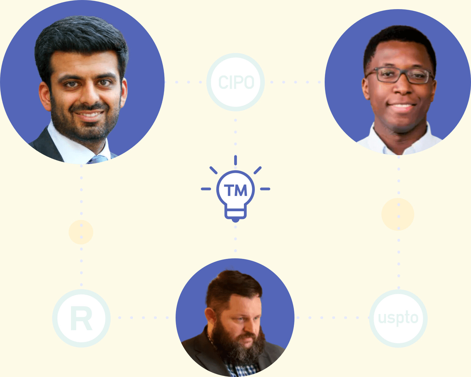 Alt Legal founders Nehal Madhani, Charles Amoako and Gabe Kneisley connected to trademark-office symbols