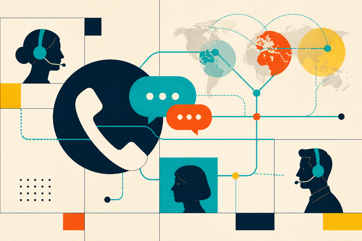 Abstract geometric illustration of customer conversations moving through a global network of human agents and digital channels