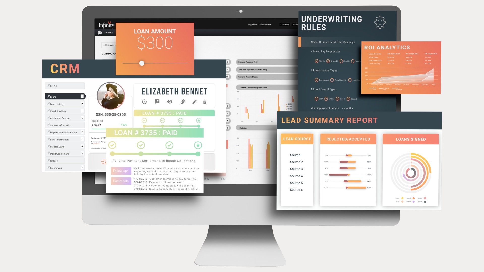 Infinity Software’s official product illustration showing lending dashboards and customer-management screens