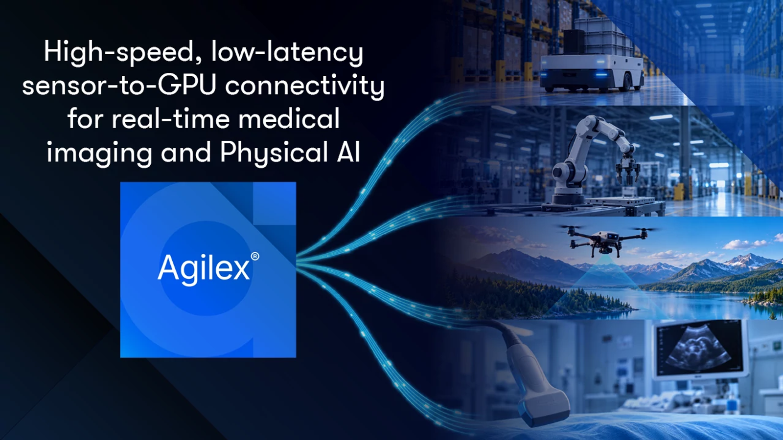 Altera press illustration connecting Agilex to robotics, a drone and medical imaging