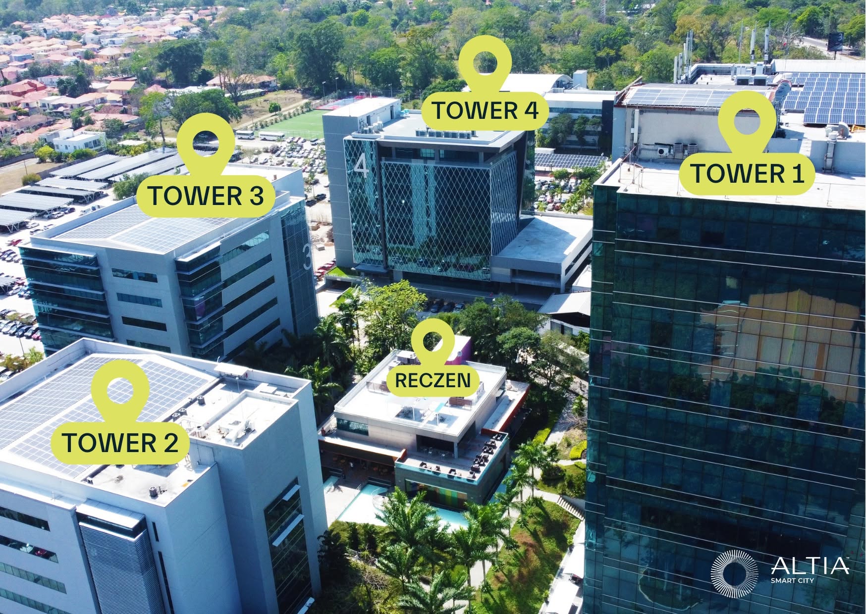 Aerial view of Altia Smart City's four office towers and RecZen campus hub