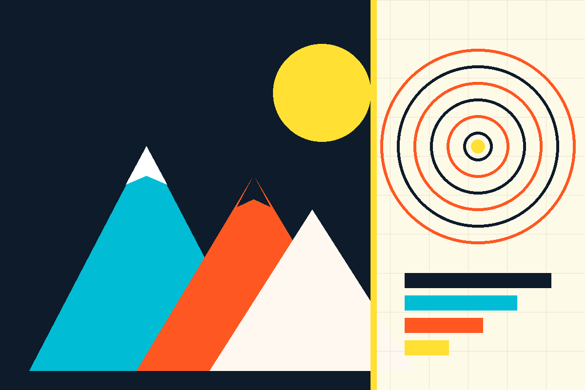 Swiss-style geometric illustration of mountains, a contour-line target and stacked bars