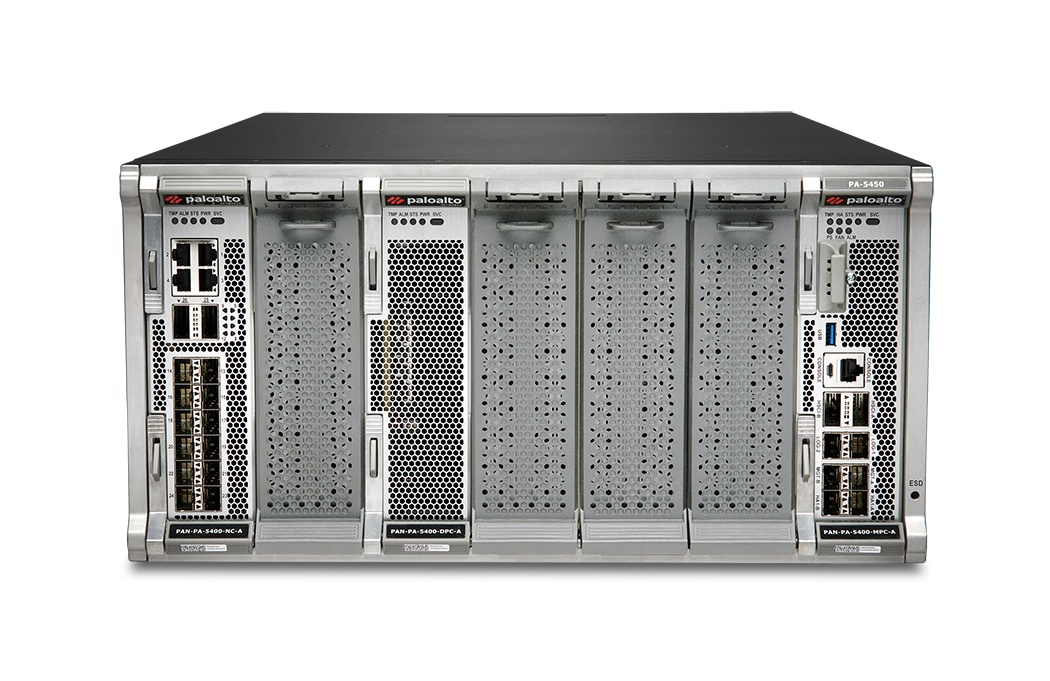 Front and top view of a Palo Alto Networks PA-5450 firewall chassis