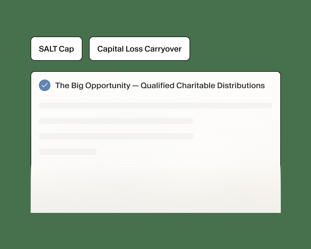 Hazel promotional tax-planning illustration showing deduction topics and a charitable distribution opportunity