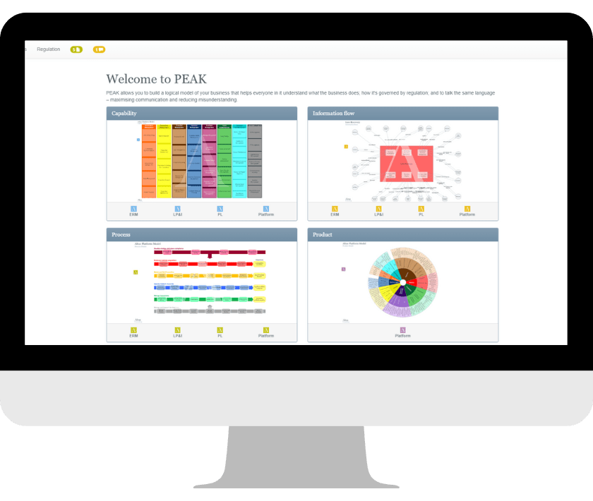Official PEAK product visual showing business capability modelling screens