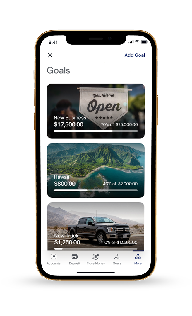 AlumniFi savings goals screen showing separate goals and progress bars