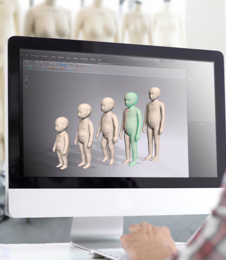 Children’s digital fit avatars on a computer, with physical forms behind the screen