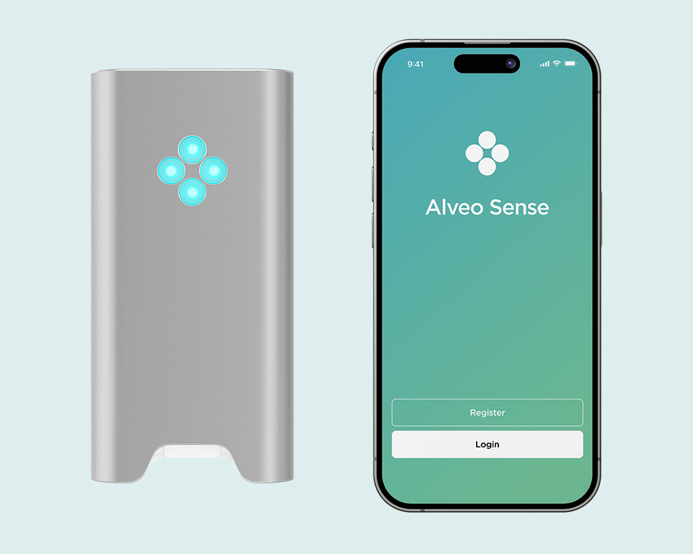 Alveo Analyzer beside a smartphone showing the Alveo Sense app
