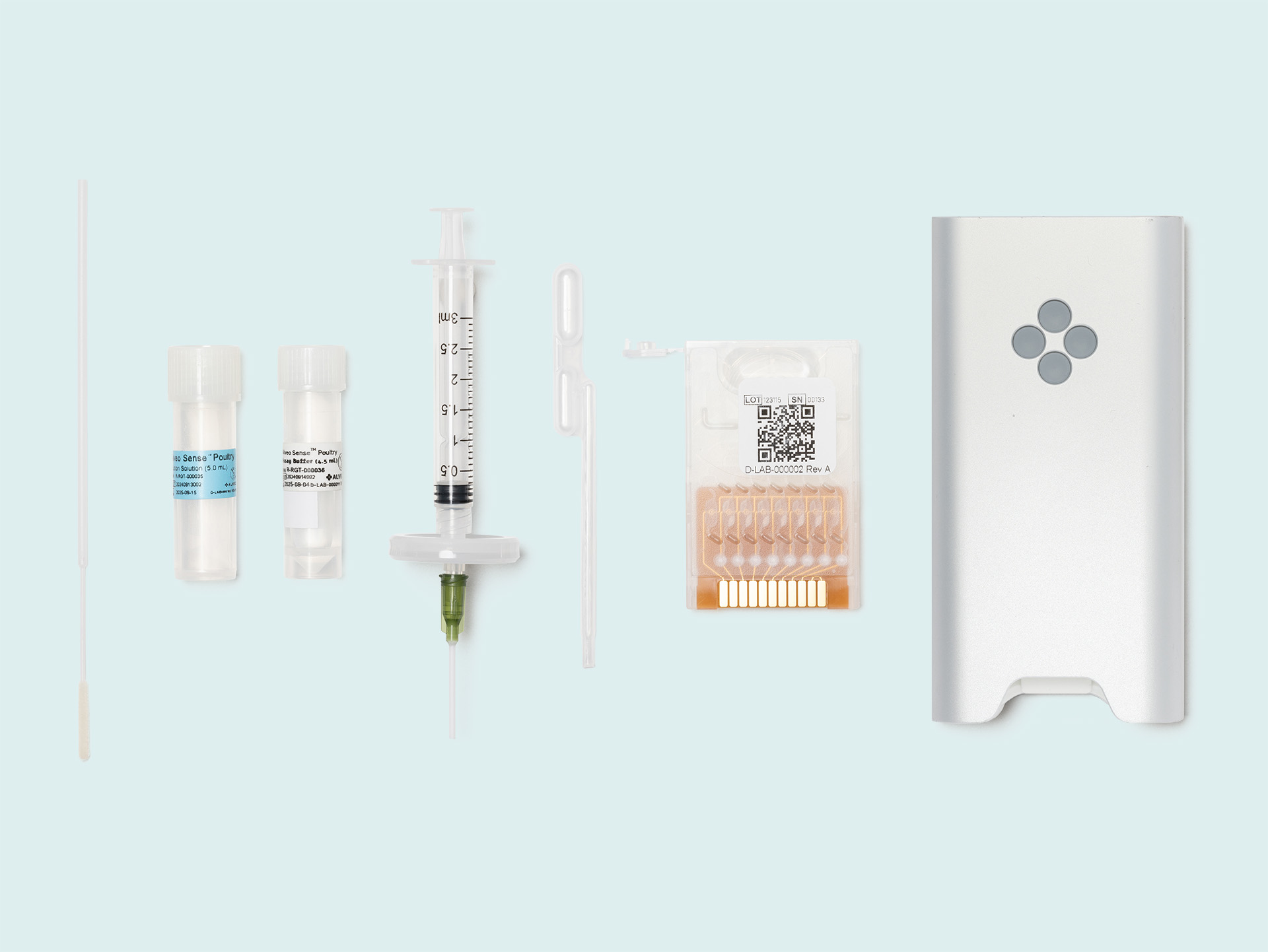Alveo Sense Poultry Avian Influenza testing kit with analyzer, cartridges and sample-handling components