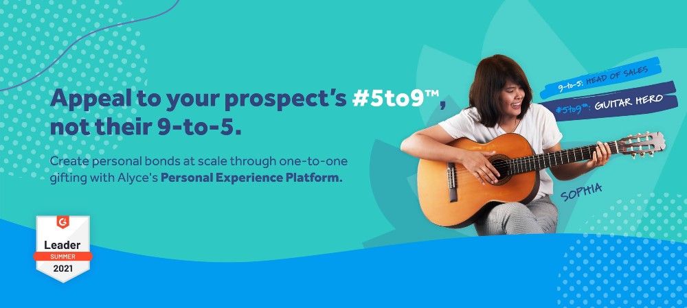 Historical Alyce campaign artwork showing a guitarist and its five-to-nine gifting message