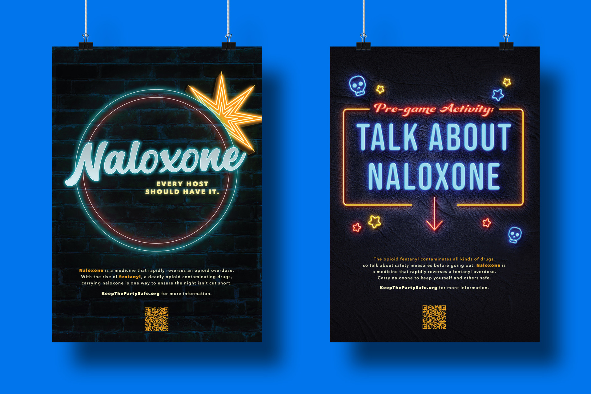 Keep The Party Safe campaign posters designed like neon bar signs promoting naloxone