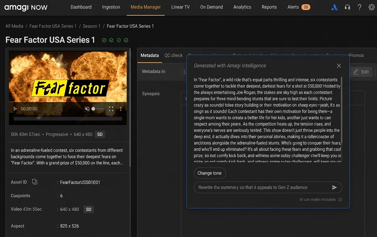 Amagi NOW product interface showing its media operations workspace