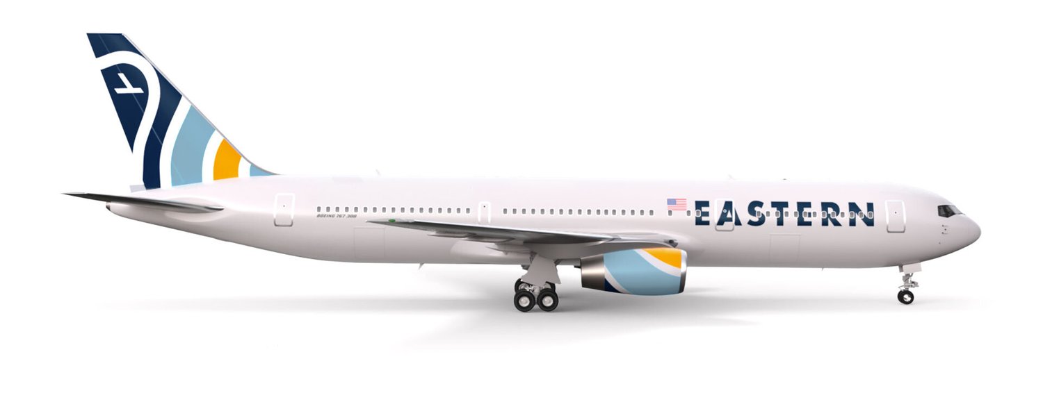 Eastern Airlines aircraft livery rendering with blue and yellow map-inspired markings