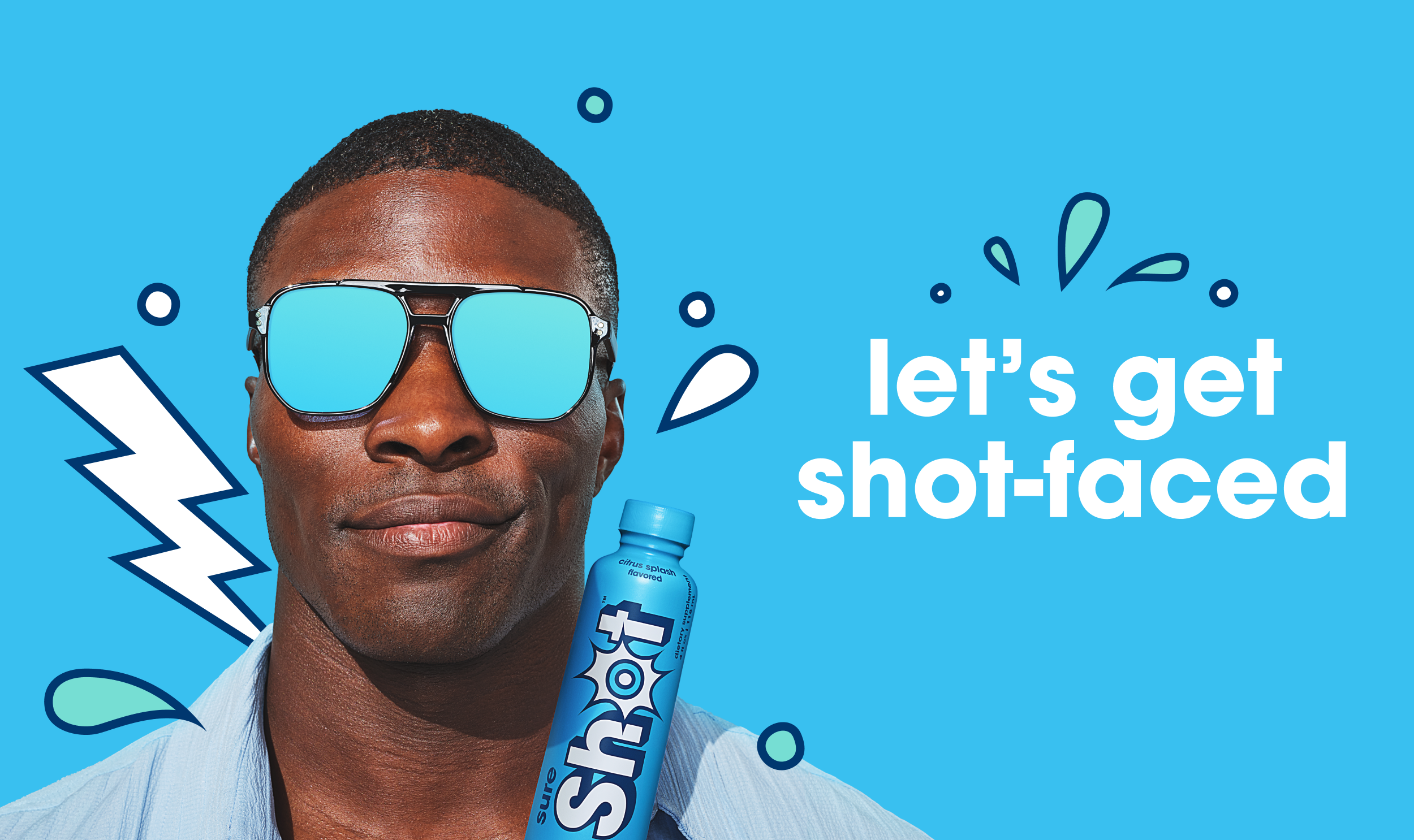 Sure Shot campaign photograph featuring a model holding a blue shot bottle amid comic-style graphics
