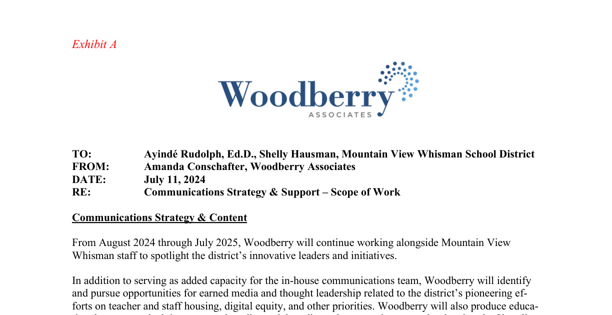 Excerpt from the July 2024 Mountain View Whisman communications scope of work bearing Amanda Conschafter’s name