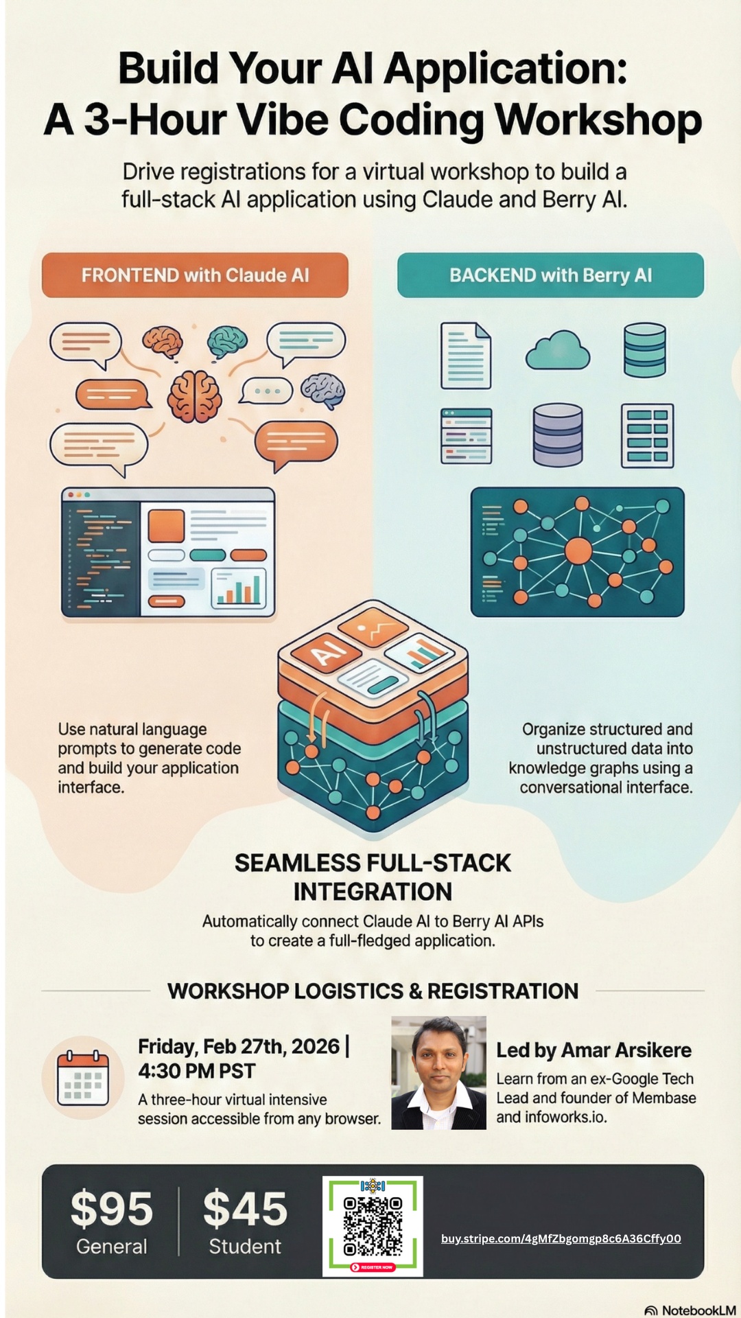 Promotional poster for the AI application workshop led by Amar Arsikere, scheduled for February 27, 2026