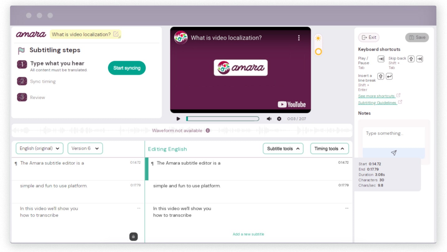 Amara’s browser-based subtitle editor showing video playback and subtitle editing panels