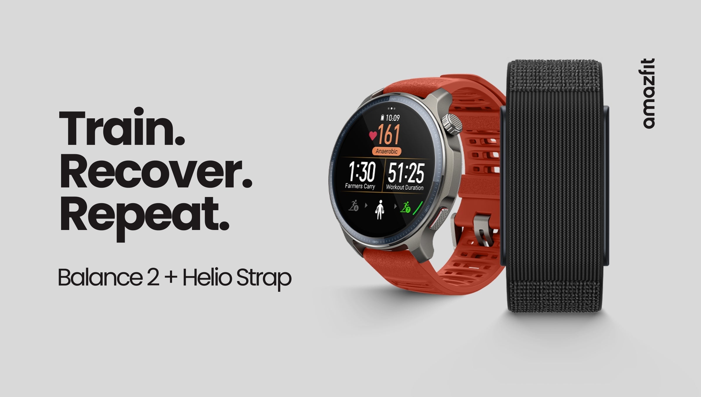 Amazfit Balance 2 smartwatch and Helio Strap arranged together