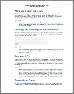 Archival Amazon Mechanical Turk best-practices guide page advising requesters to test tasks and designate an owner.