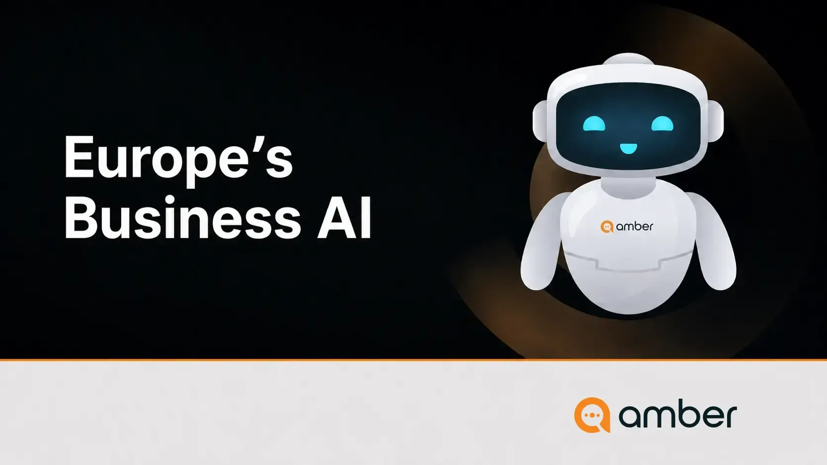 amber business AI product illustration with a friendly robot and company logo