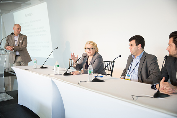 Gary Barraco of Amber Road moderating an ethical sourcing panel with Mara Burr, Avedis Seferian and Eddie Hertzman