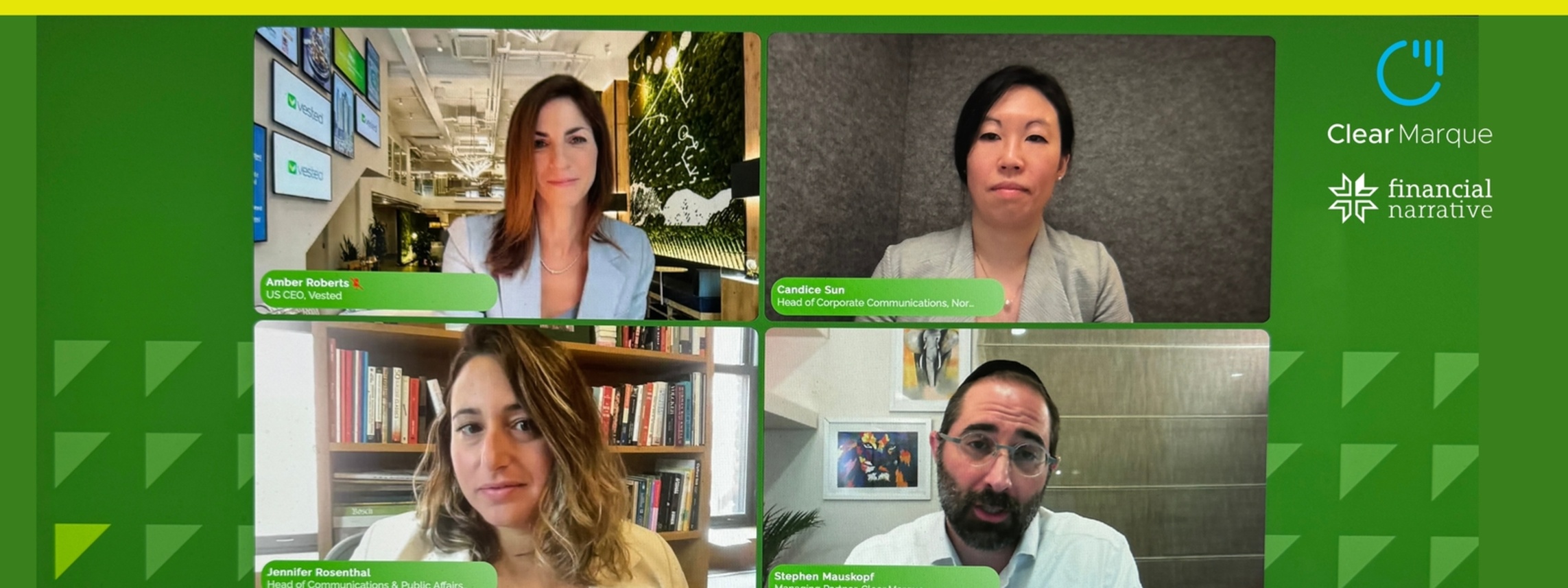Amber Roberts, upper left, moderates a Financial Narrative crisis panel with Candice Sun, Jennifer Rosenthal and Stephen Mauskopf.