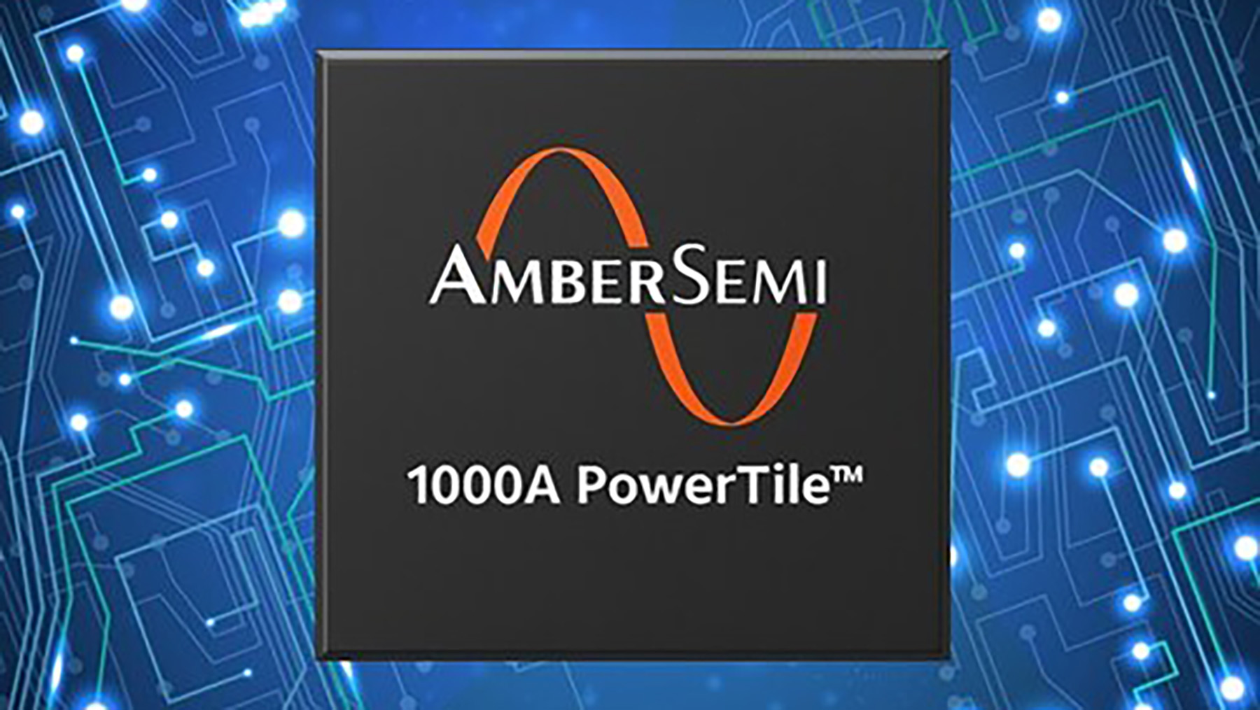 Rendering of AmberSemi's 1000-amp PowerTile module on a blue circuit-board background