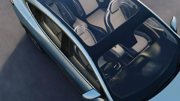 Overhead view of a vehicle with a broad panoramic glass roof