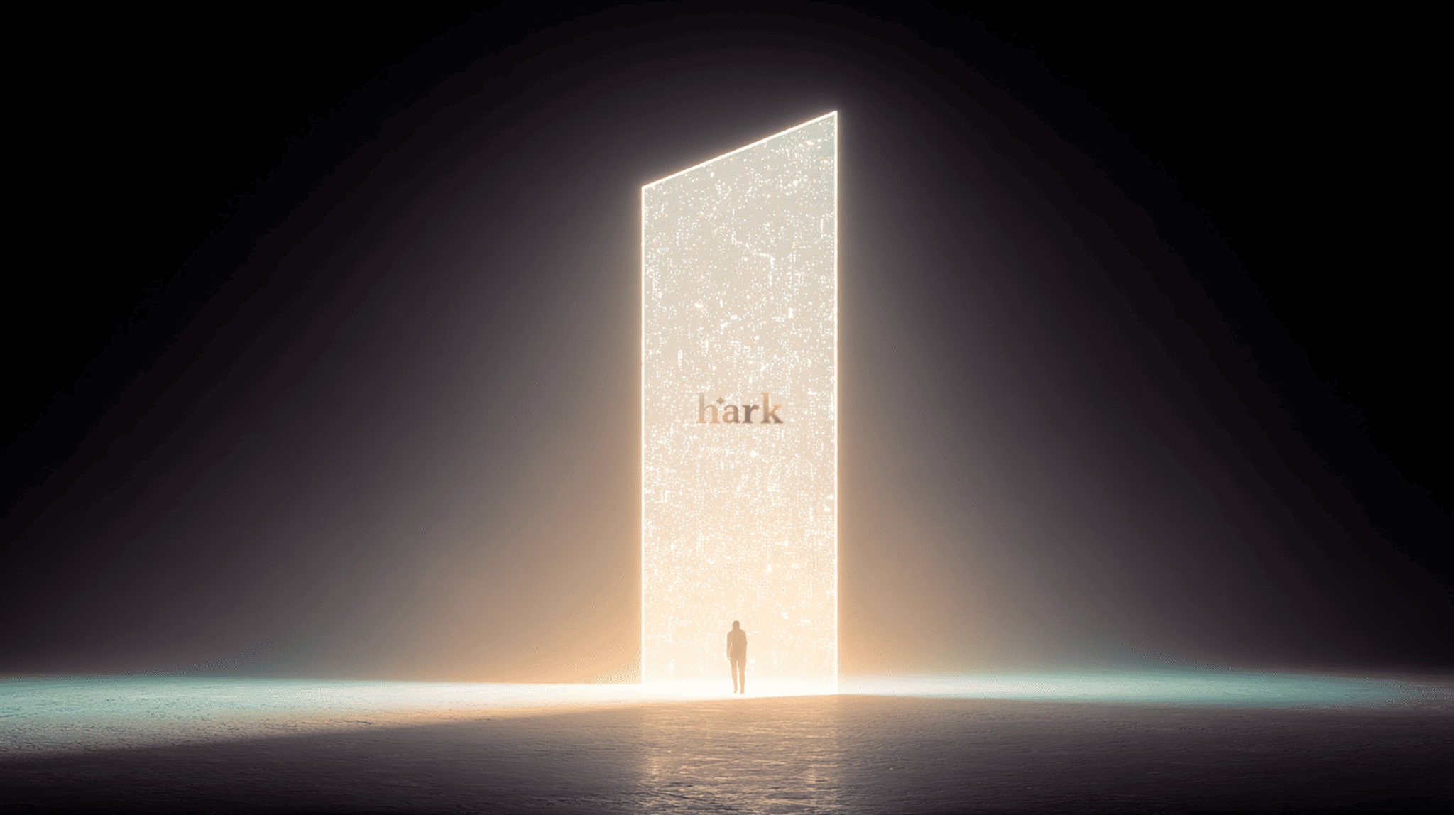 Hark launch artwork showing a small human silhouette beneath a luminous doorway