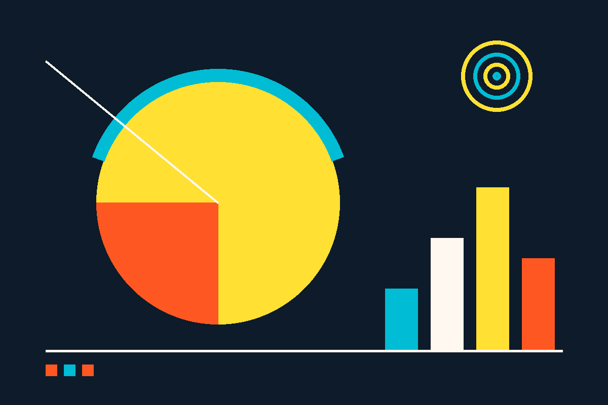 Swiss-style graphic of concentric circles and ascending bars in navy, yellow, teal and orange