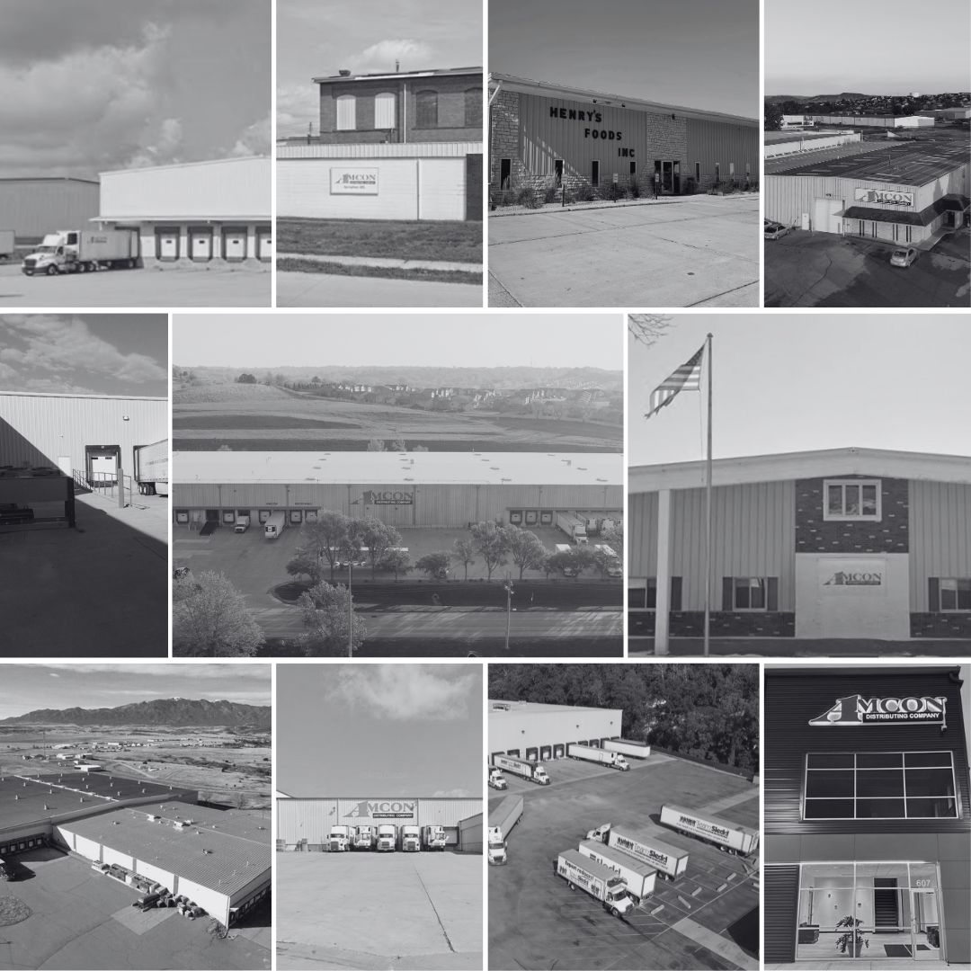 A company-published black-and-white collage of AMCON and Henry’s Foods warehouses and delivery docks