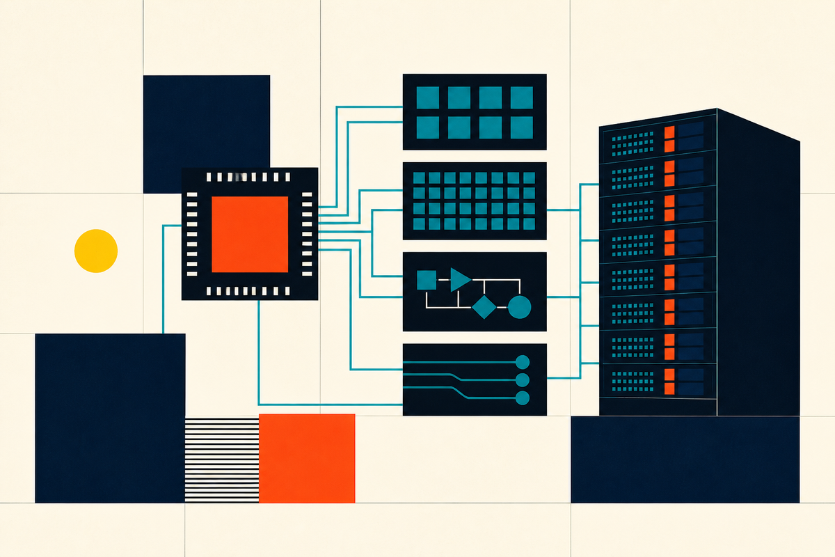 Abstract Swiss-style illustration of a semiconductor connected to compute modules and a data-center rack