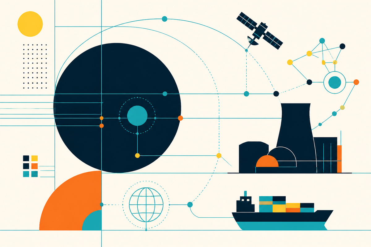 Abstract Swiss-style illustration connecting orbital systems, secure networks, energy infrastructure and global logistics