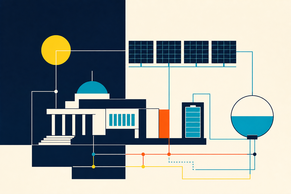 Abstract Swiss-style illustration connecting a civic building, solar panels, battery storage and a water system