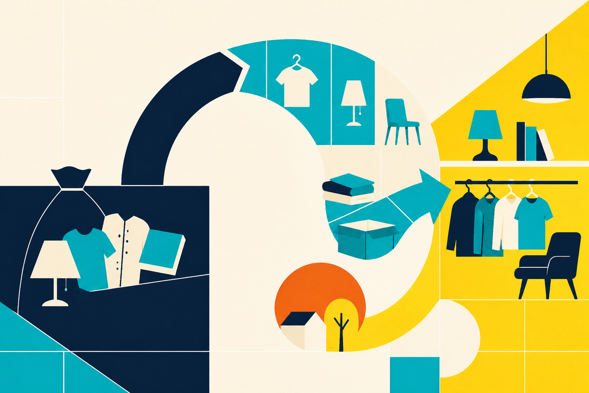 Abstract Swiss-style illustration of donated clothes and household goods moving through a circular retail system