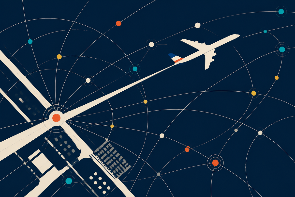 Geometric illustration of an aircraft crossing a hub-and-spoke route network