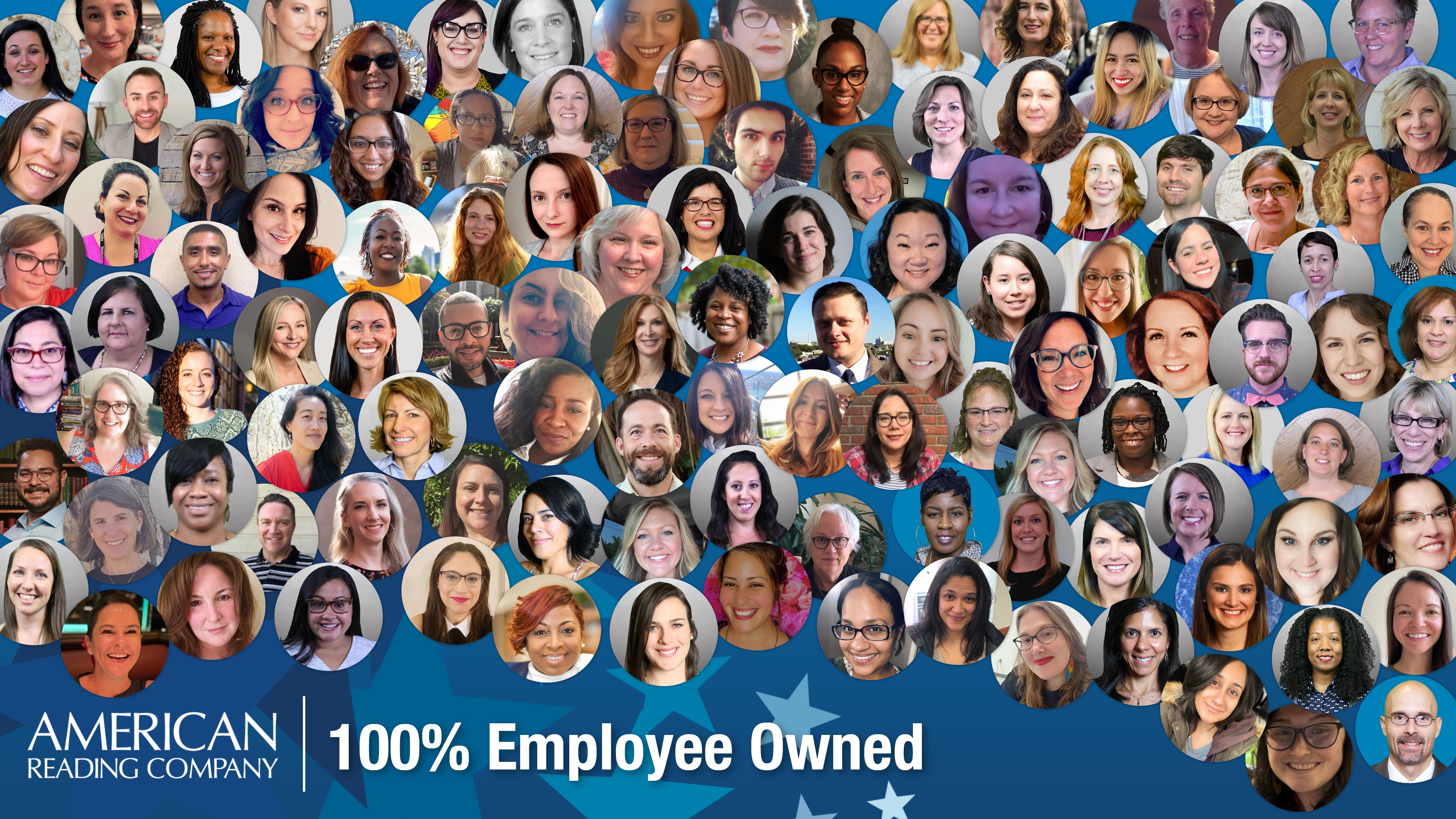 American Reading Company employee portrait collage announcing 100 percent employee ownership