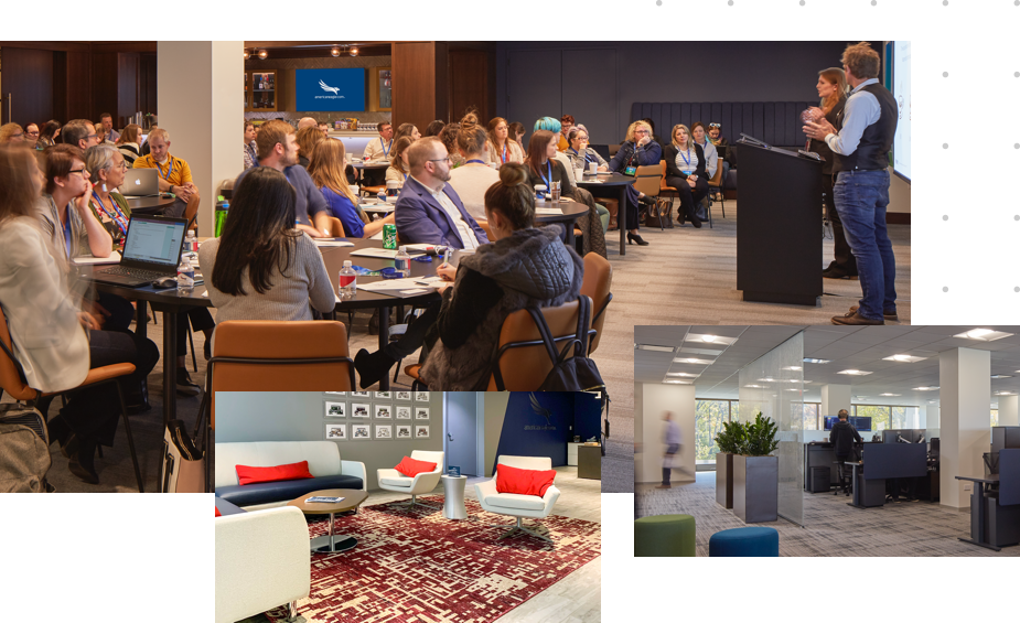 Company careers collage showing a team presentation, lounge, and open office