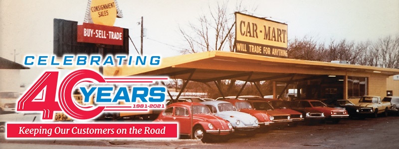 Archival Car-Mart dealership photograph in the company’s 40th anniversary graphic