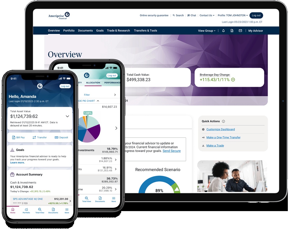 Official Ameriprise promotional illustration showing its secure website on a tablet and financial app on phones