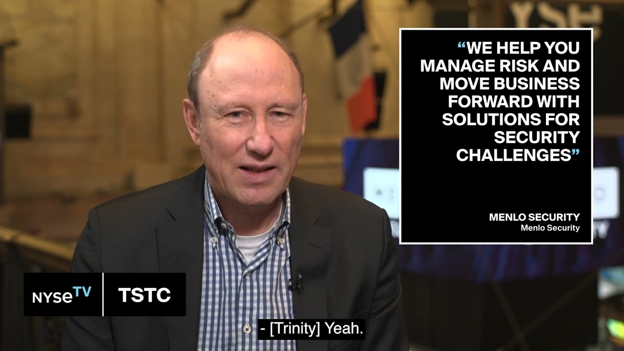 Amir Ben-Efraim speaking during his NYSE Taking Stock interview, with an on-screen quotation about managing security risk