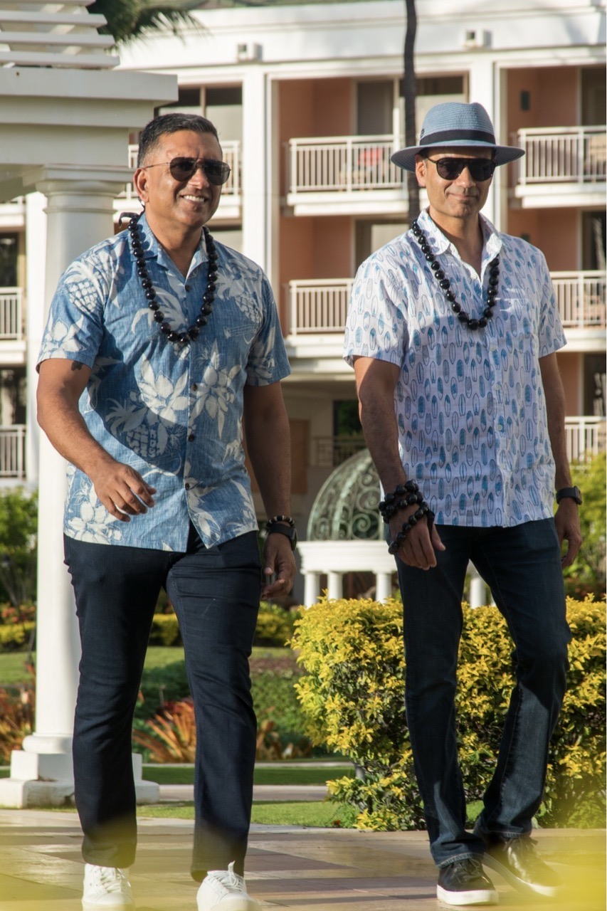 Amir Khan, left, and his brother Atif Khan in patterned shirts on vacation in Hawaii