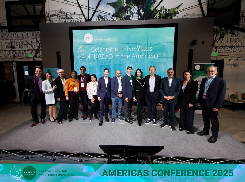 A group of INSEAD alumni and leaders onstage at the 2025 Americas Conference in San Francisco