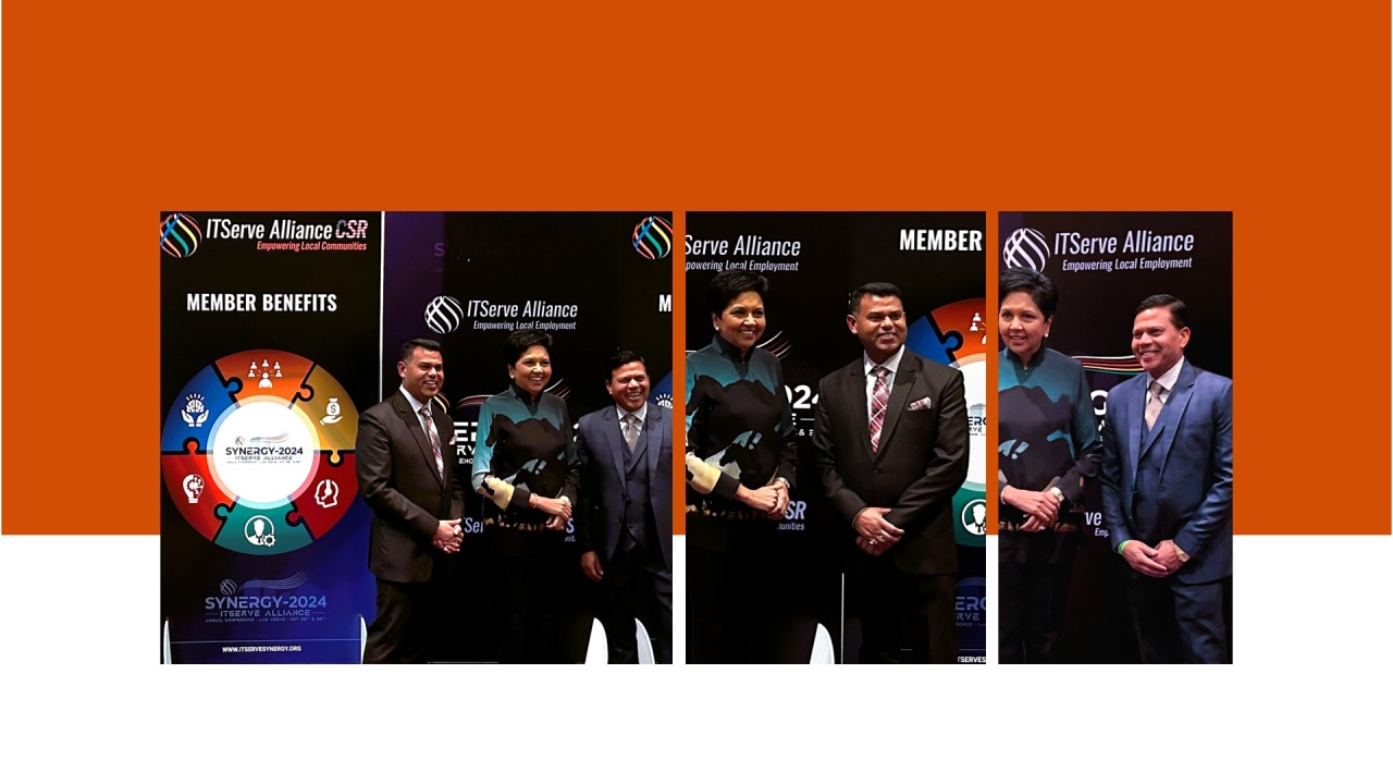Conference photo collage with Amit Goel and Indra Nooyi at ITServe Synergy 2024