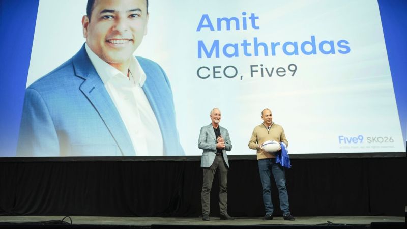 Amit Mathradas, right, onstage with a colleague at Five9’s 2026 Sales Kickoff in Las Vegas