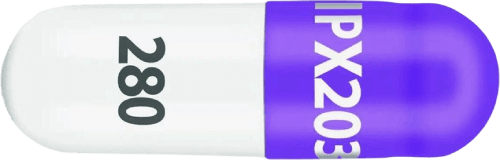 Illustration of a CREXONT capsule marked IPX203 and 280