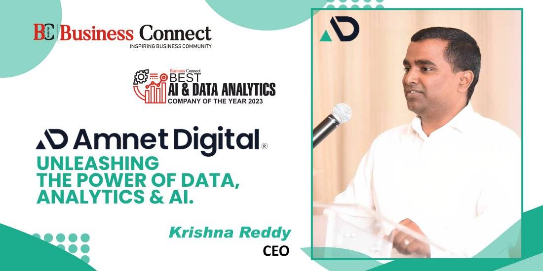 Business Connect’s 2023 editorial image of Amnet Digital CEO Krishna Reddy speaking at a microphone