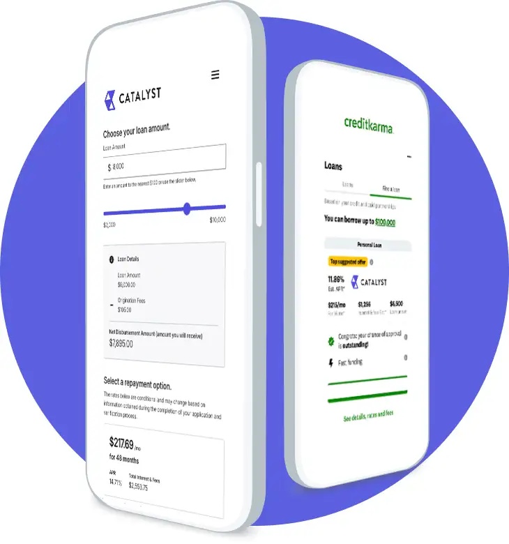 FIS product illustration of mobile loan selection and a Credit Karma loan offer