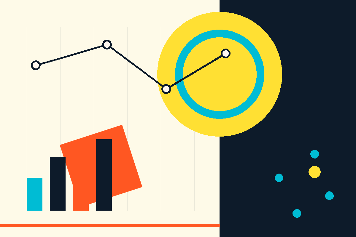 Swiss-style graphic of interconnected nodes, growth bars and a molecule-like ring in navy, yellow, teal and orange.