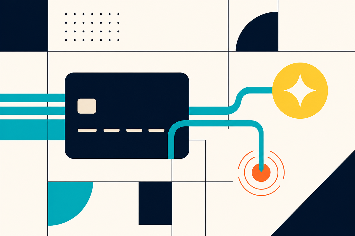 Abstract geometric illustration of a payment card connected to a reward token and an instant redemption signal